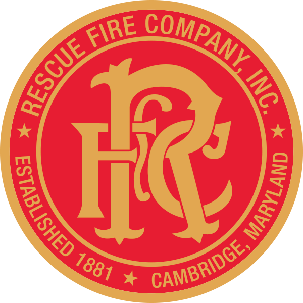 A red and gold circular emblem for Rescue Fire Company, Inc. with large overlapping initials “RFC” in the center. The text reads “Established 1881, Cambridge, Maryland.”.